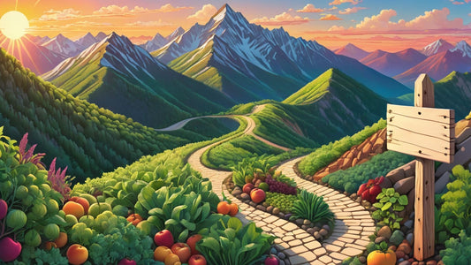 A painting of a path going through a valley of fruits and vegetables. The path winds up a mountainside and is lined with trees and bushes. There are snow-capped mountains in the background. 